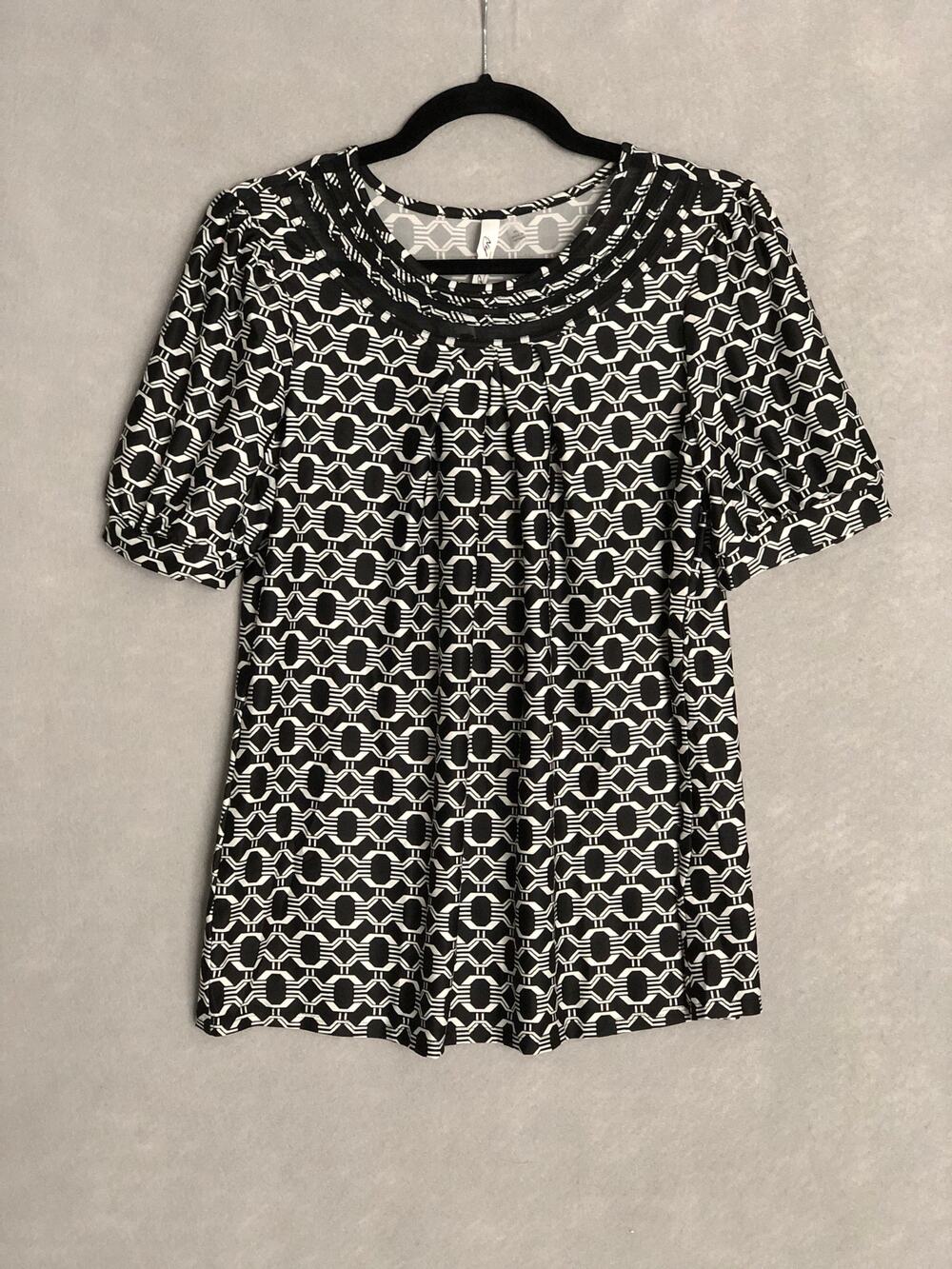NY Collection Sheer Inset Top Short Puff Sleeve Black Women's Petite Large NEW